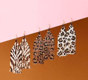 Delilah Cheetah Print Beaded Fringe Earrings Mocha, Black, + Gold Wholesale-Blue Hand Home