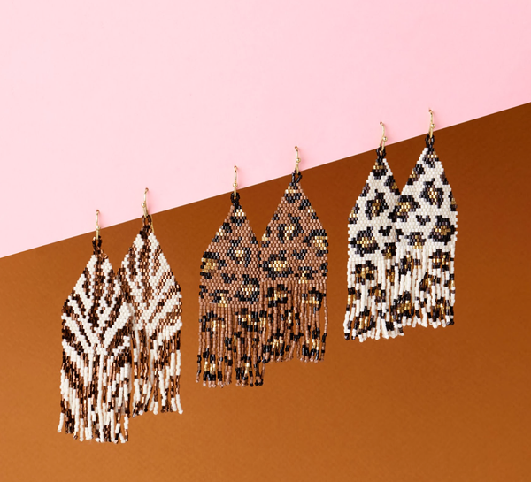 Delilah Cheetah Print Beaded Fringe Earrings Mocha, Black, + Gold Wholesale-Blue Hand Home