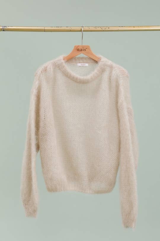 Round neck long sleeve sweater in 80% kid mohair: Kaki / One size-Blue Hand Home