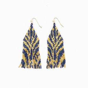 Delilah Zebra Print Beaded Fringe Earrings Navy + Gold Wholesale-Blue Hand Home