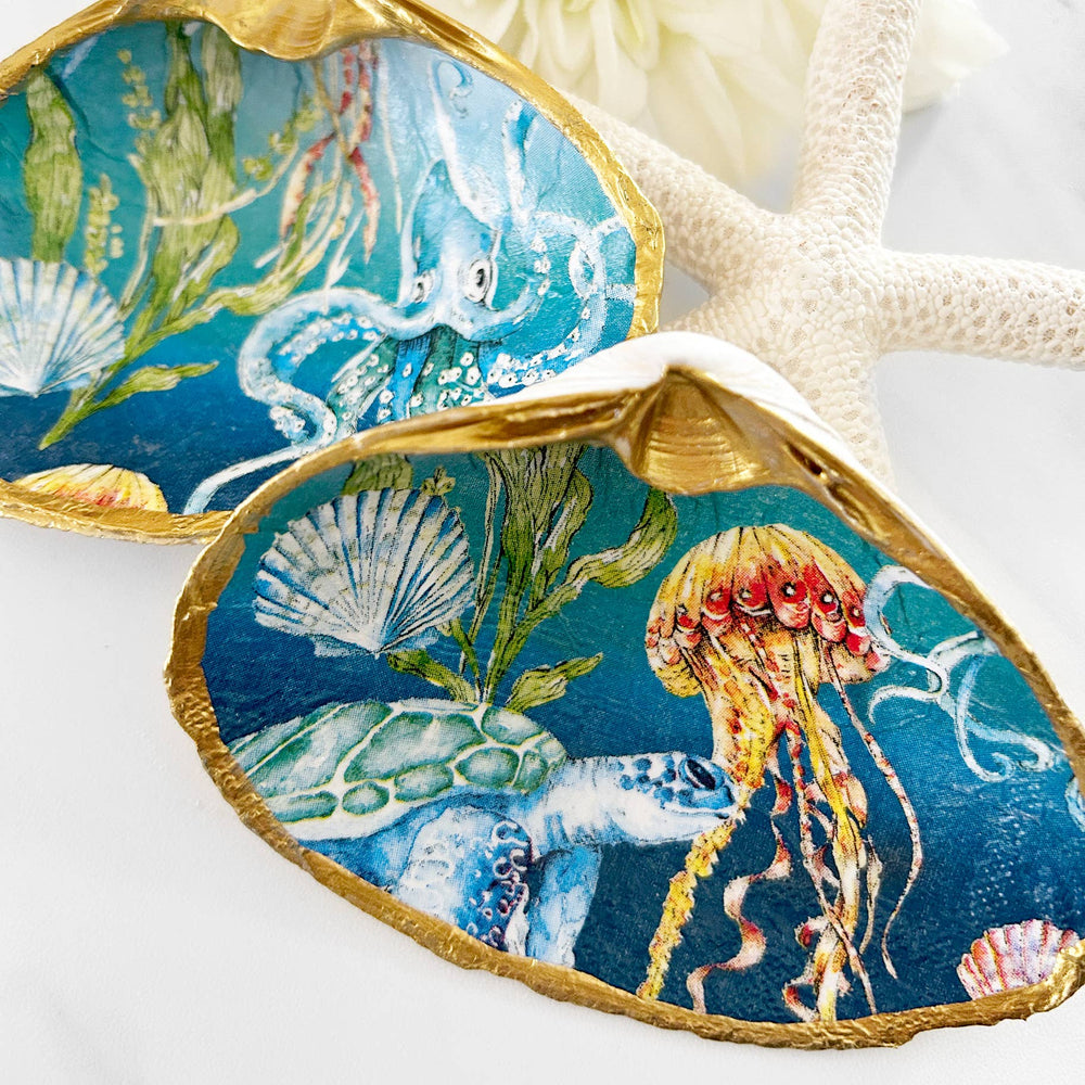 Underwater Oceanic Decoupage Clam Shell Trinket Dish-Blue Hand Home