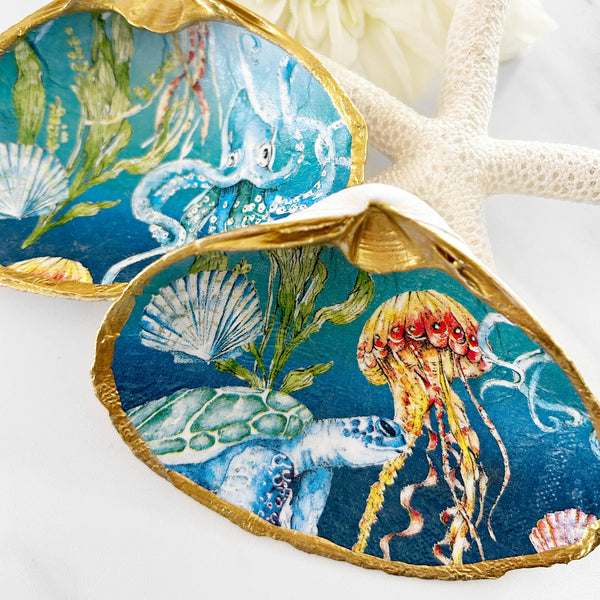 Underwater Oceanic Decoupage Clam Shell Trinket Dish-Blue Hand Home