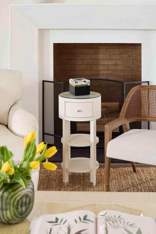 Claudette 1-Drawer Round Side Table, Cream, Nickel