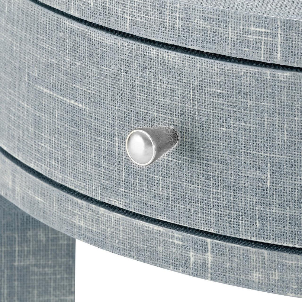 Claudette 1-Drawer Round Side Table, Washed Winter Gray, Nickel