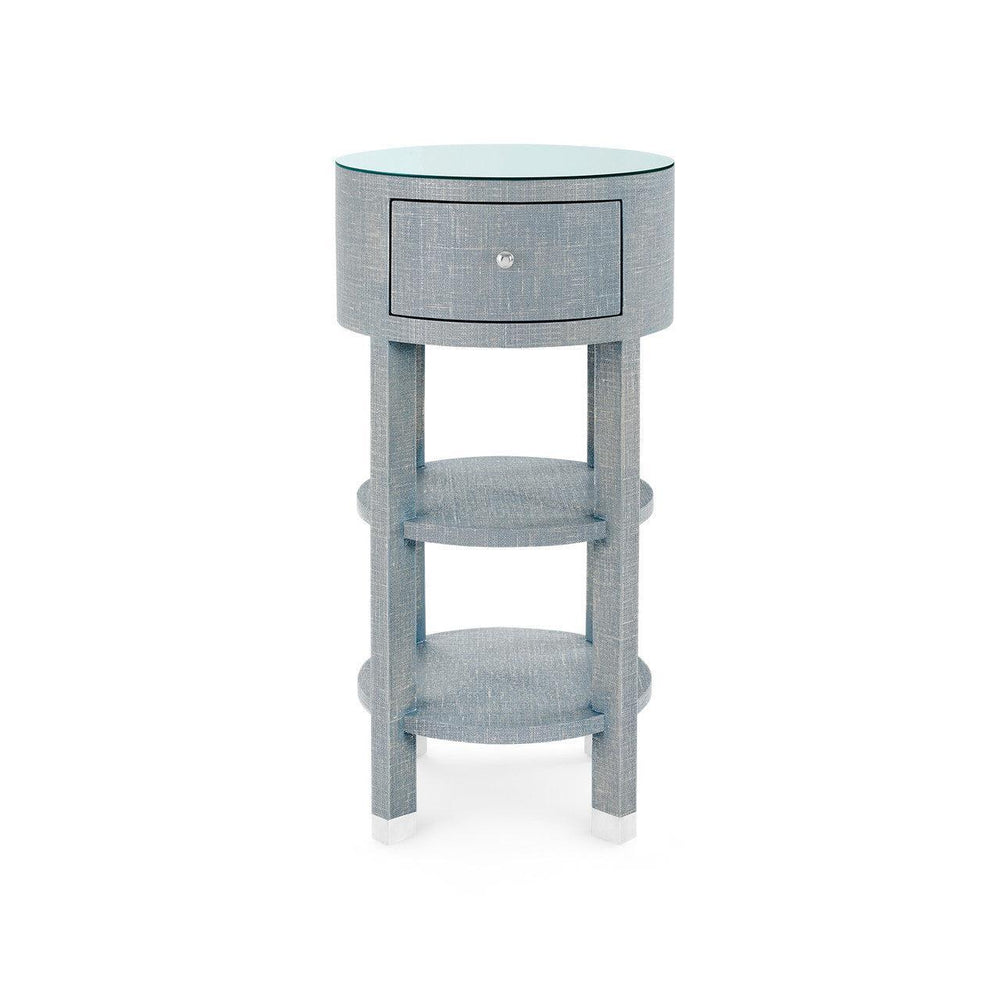 Claudette 1-Drawer Round Side Table with Glass Top, Washed Winter Gray-Blue Hand Home