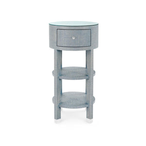 Claudette 1-Drawer Round Side Table with Glass Top, Washed Winter Gray-Blue Hand Home