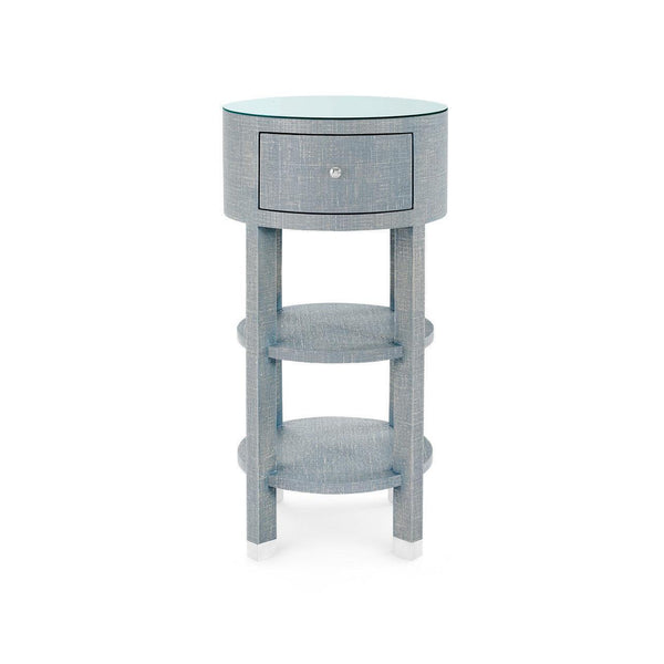 Claudette 1-Drawer Round Side Table with Glass Top, Washed Winter Gray-Blue Hand Home