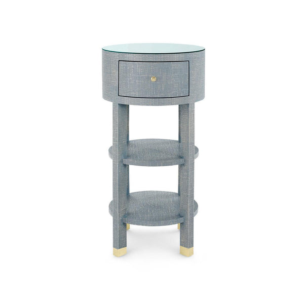 Claudette 1-Drawer Round Side Table with Glass Top, Washed Winter Gray-Blue Hand Home