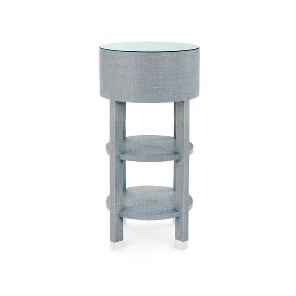 Claudette 1-Drawer Round Side Table with Glass Top, Washed Winter Gray-Blue Hand Home