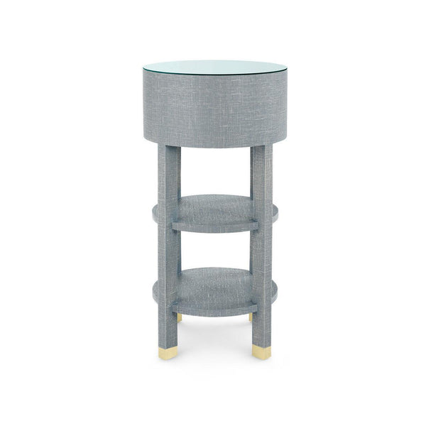 Claudette 1-Drawer Round Side Table with Glass Top, Washed Winter Gray-Blue Hand Home