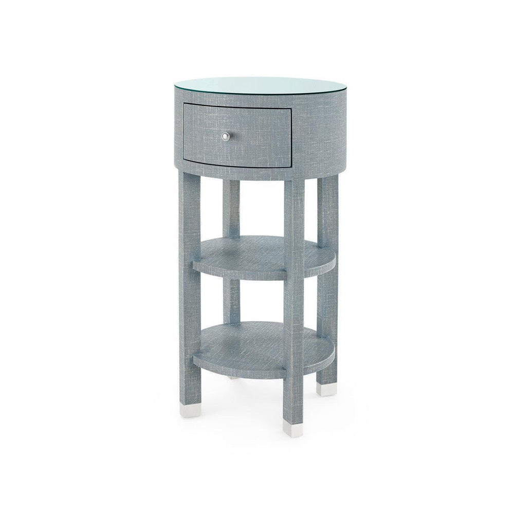 Claudette 1-Drawer Round Side Table with Glass Top, Washed Winter Gray-Blue Hand Home