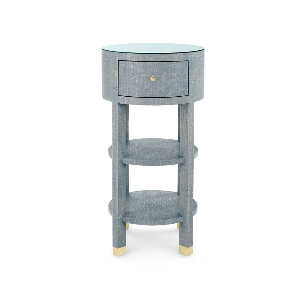 Claudette 1-Drawer Round Side Table with Glass Top, Washed Winter Gray-Blue Hand Home