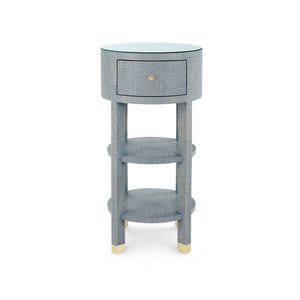 Claudette 1-Drawer Round Side Table with Glass Top, Washed Winter Gray