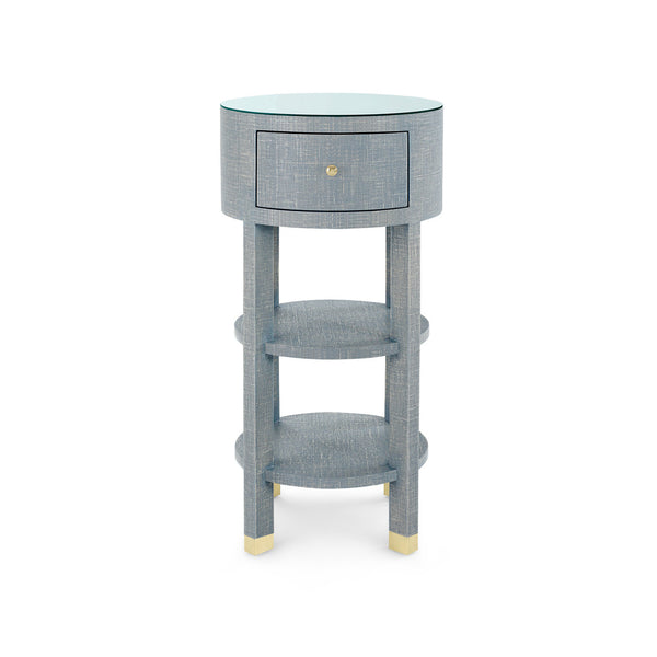 Claudette 1-Drawer Round Side Table with Glass Top, Washed Winter Gray