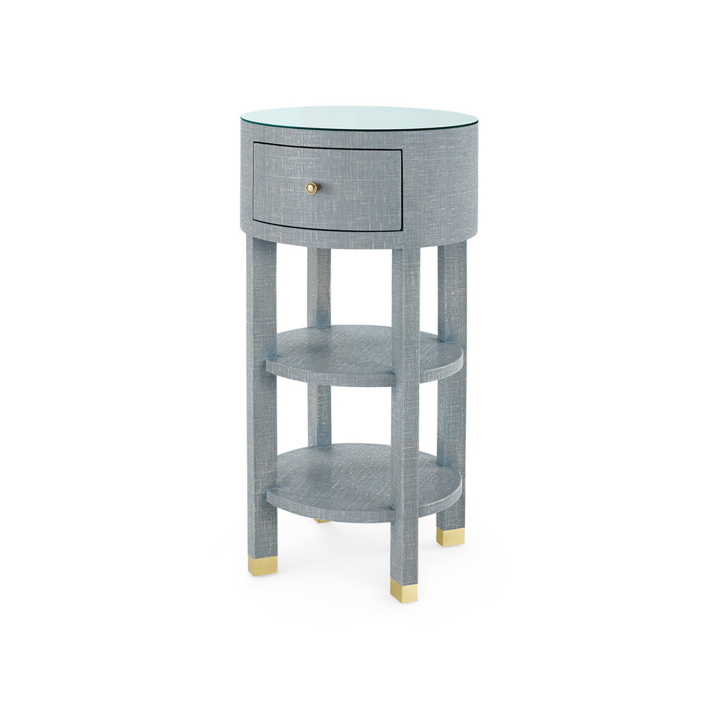 Claudette 1-Drawer Round Side Table with Glass Top, Washed Winter Gray-Blue Hand Home