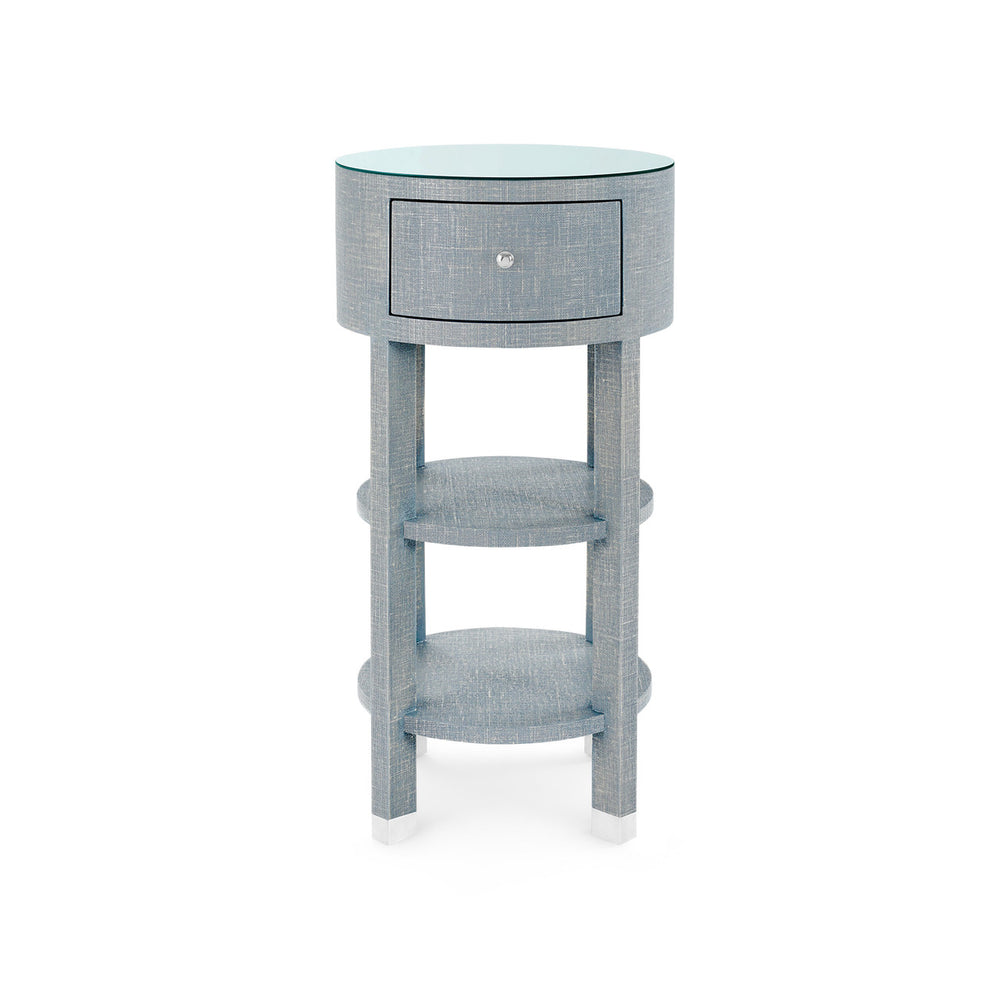 Claudette 1-Drawer Round Side Table with Glass Top, Washed Winter Gray-Blue Hand Home