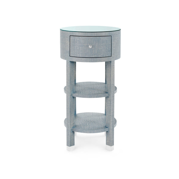 Claudette 1-Drawer Round Side Table with Glass Top, Washed Winter Gray