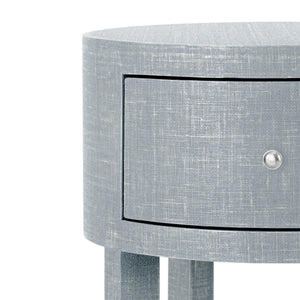 Claudette 1-Drawer Round Side Table, Washed Winter Gray, Nickel