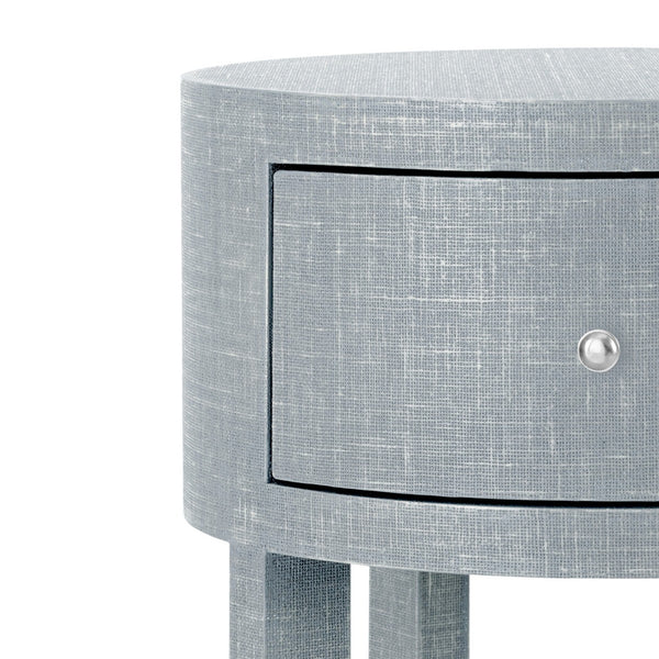 Claudette 1-Drawer Round Side Table, Washed Winter Gray, Nickel