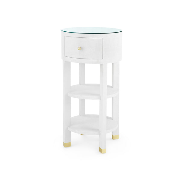 Claudette 1-Drawer Round Side Table with Glass Top, Washed Winter Gray
