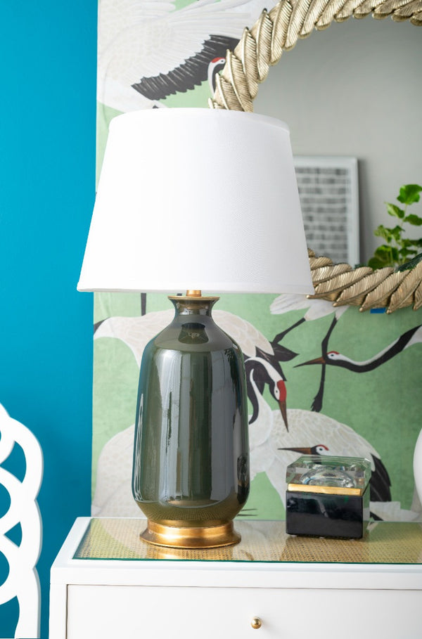 Carolyn Lamp with Shade 17-inch White Linen, with Gold, Olive Green