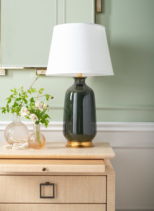 Carolyn Lamp with Shade 17-inch White Linen, with Gold, Olive Green