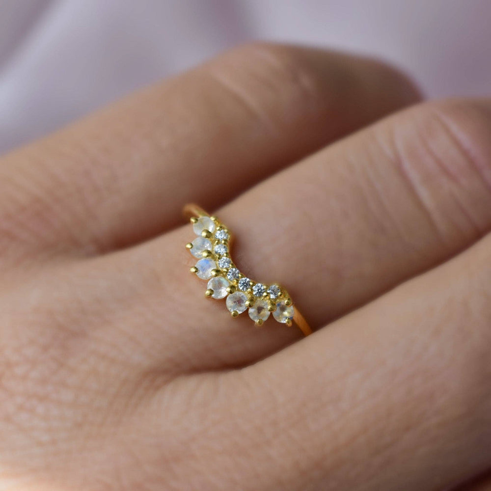 Moonstone and Diamond Rainbow Arc Ring-Blue Hand Home
