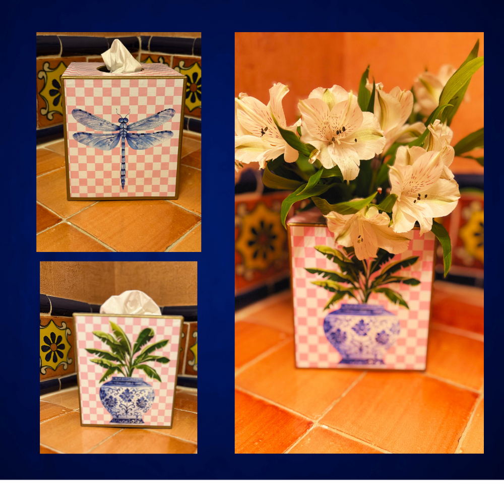 Paper Mache Kleenex Box with chinoiserie vase and dragonfly-Blue Hand Home