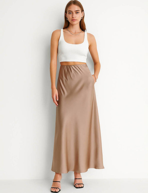 Ladies Solid Color Satin Midi Skirt 5515-Blue Hand Home