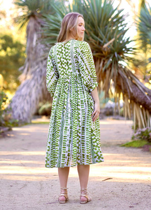 Mylah Midi Dress Block Printed Green-Blue Hand Home