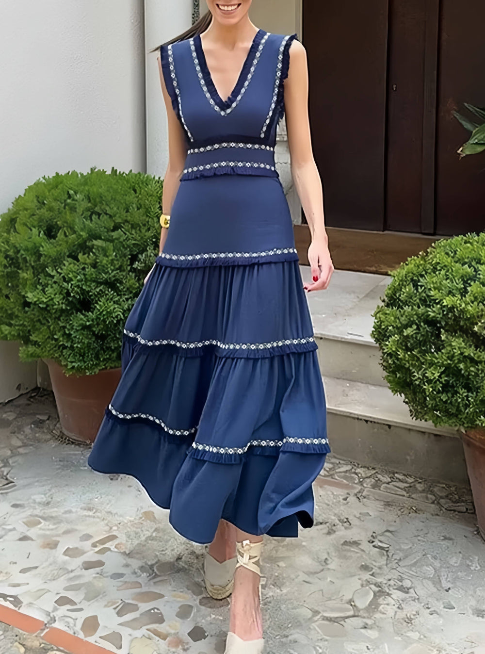 Stylish V-Neck Tassel Panels With Swing Maxi Dresses-Blue Hand Home