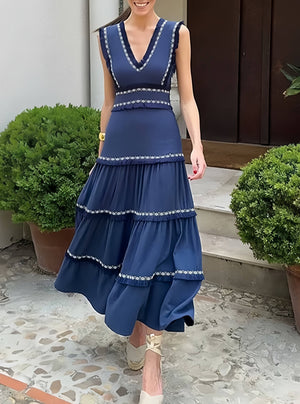Stylish V-Neck Tassel Panels With Swing Maxi Dresses-Blue Hand Home