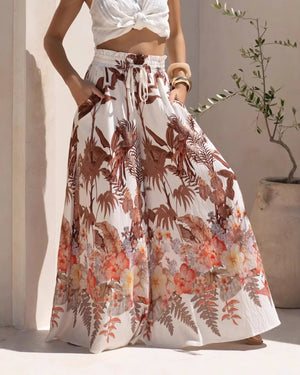 Casual Tropical Floral Print Wide-Leg Pants-Blue Hand Home