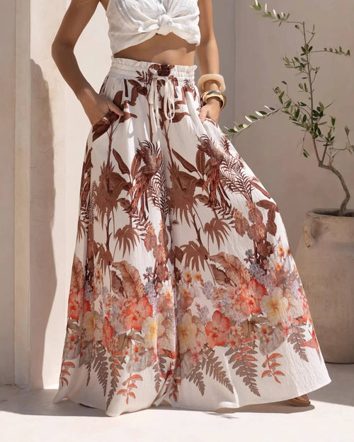 Casual Tropical Floral Print Wide-Leg Pants-Blue Hand Home