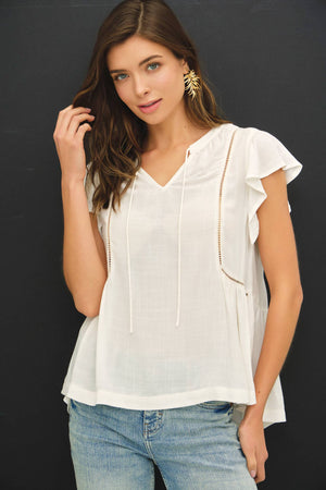 TIE FRONT RUFFLE SLEEVE TOP-Blue Hand Home