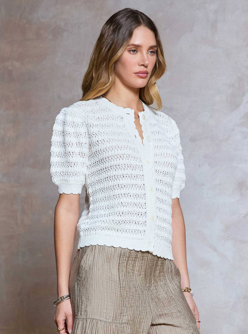 Scallop Crochet Short Sleeve Cardigan-Blue Hand Home
