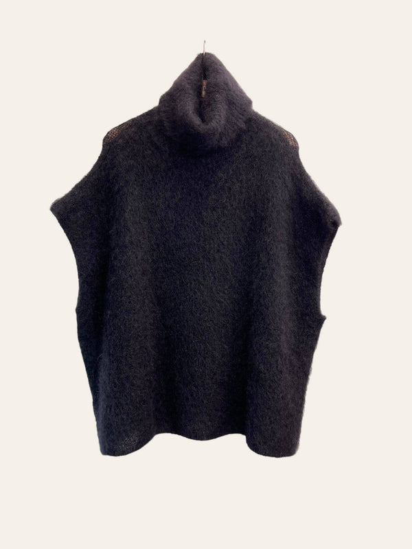 80% Kid Mohair Turtleneck Poncho Sweater: Ecru / One Size-Blue Hand Home