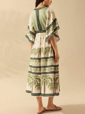 Exotic Tropical/ Floral Flair V-Neck Bell Sleeve Dress-Blue Hand Home