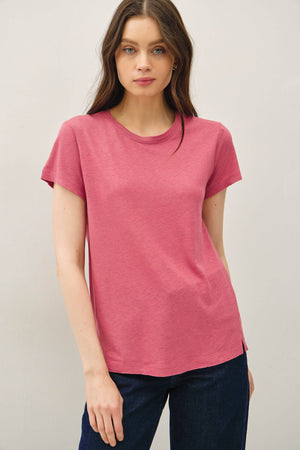 LINEN CLASSIC ROUND NECK SPLIT HEM T-SHIRT-Blue Hand Home
