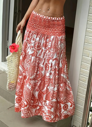Smocked Elastic Beach Paisley Print Tiered Maxi Skirt-Blue Hand Home