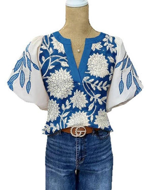Boho Blue & White Floral Print Puff Sleeve V-Neck Blouse-Blue Hand Home