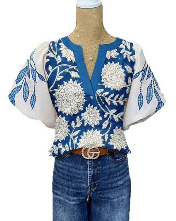 Boho Blue & White Floral Print Puff Sleeve V-Neck Blouse-Blue Hand Home