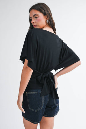 8654hk Draped Short Sleeve Back Tie Top Tee