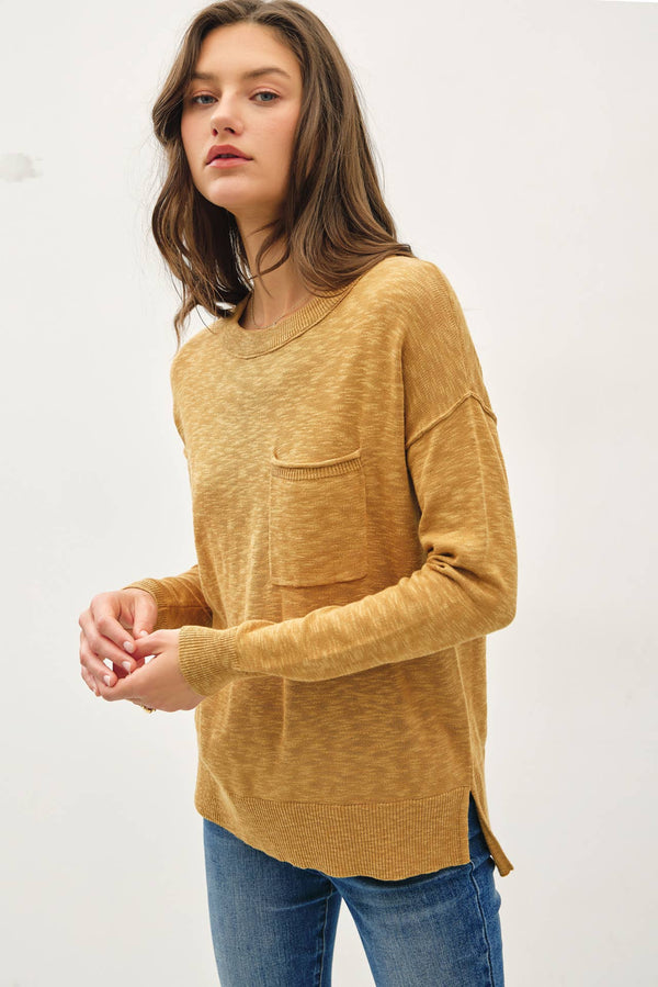 SLUB YARN ROUND NECK SWEATER WITH CHEST POCKETS-Blue Hand Home