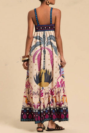 2025 SUMMER Bohemia Tropical totem print strappy flare dress-Blue Hand Home