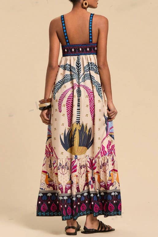 2025 SUMMER Bohemia Tropical totem print strappy flare dress-Blue Hand Home