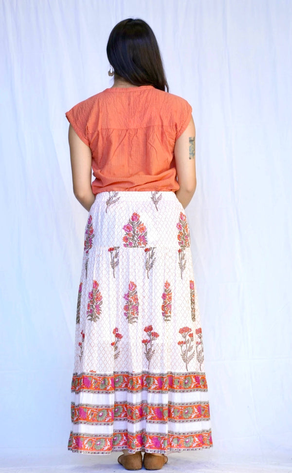 Block Printed Tiered Cotton Skirt- Orange Multi -Blue Hand Home