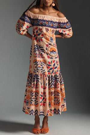 Vintage Print One-Shoulder Baggy Dress-Blue Hand Home