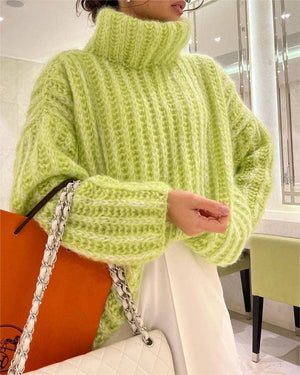 Knitted fluffy turtleneck sweater-Blue Hand Home