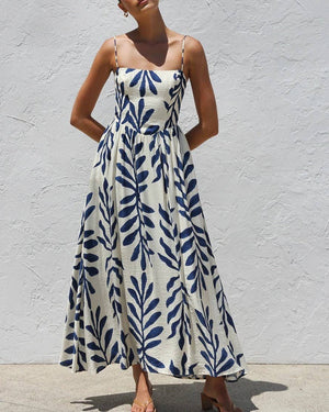 Tropical Leaf Print Spaghetti Strap Flowy Swing Dress-Blue Hand Home